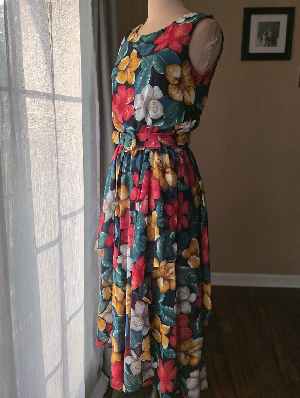 Vtg Phoebe Floral Hibiscus Belted Dress 80s 90s Tropical Maxi Ruffle Holiday S/M
